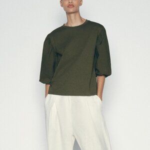 NWT ★: ZARA Puff Sleeve Top, Dark Khaki, XS